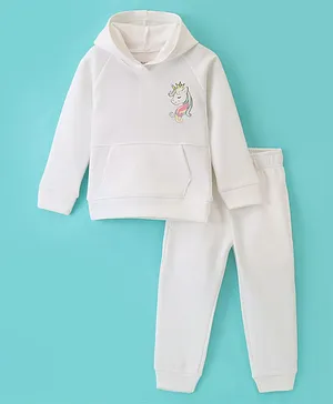 Rassha Full Sleeves Baby Unicorn Placement Printed Sweatshirt With Jogger Set - White