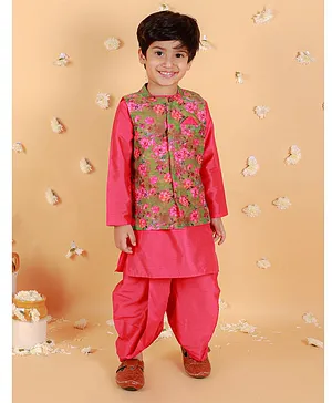 Lil Peacock Cotton Silk Full Sleeves Solid Kurta & Dhoti With Floral Printed Jacket - Fuchsia Pink