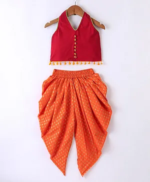 Twisha Sleeveless Hem Embellished Top With Ethnic Motif Foil Printed Dhoti - Red & Orange