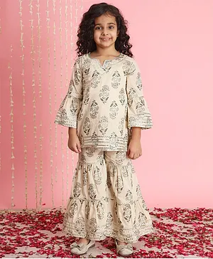 Readiprint Fashions Three Fourth Bell Sleeves Flower Motif Printed & Gota Lace Embellished Kurti & Sharara - Beige