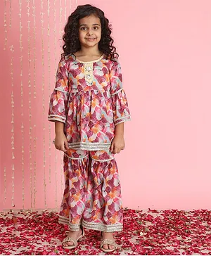 Readiprint Fashions   Chinnon Three Fourth Sleeves Floral Printed And Lace Embellished Kurta And Sharara  - Purple & Multi Colour