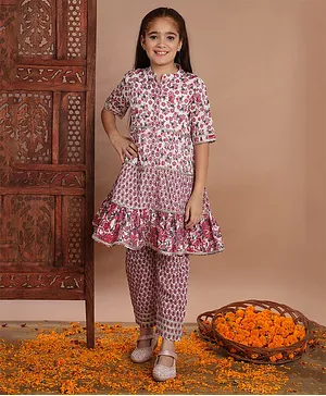 Readiprint Fashions Half Sleeves Garden Floral Printed & Gota Lace Embellished Kurta With Coordinating Salwar - Pink