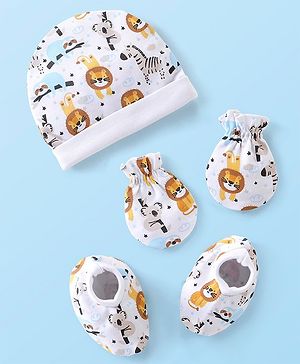Babyhug 100% Cotton Knit Cap Mittens & Booties Set with Lion Print - White