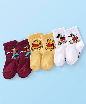 Cute Walk Disney By Babyhug Anti Bacterial Ankle Length Socks Mickey Mouse & Pooh Design Pack Of 3 - Multicolour