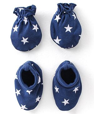 Babyhug 100% Cotton Knit Mittens & Booties Star Print - Blue