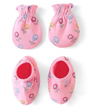 Babyhug 100% Cotton Knit Floral Print Mittens & Booties - Pink