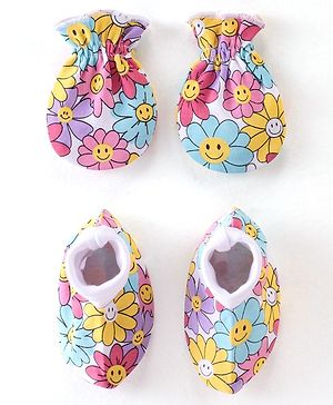 Babyhug 100% Cotton Knit Floral Print Mittens & Booties - Multicolor