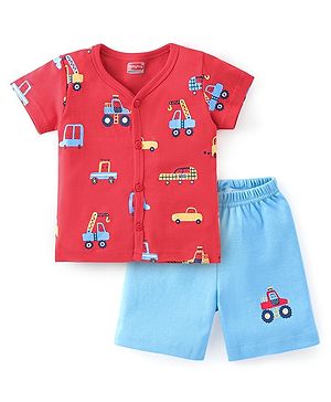 Babyhug Cotton Knit Half Sleeves T-Shirt & Shorts Vehicles Print - Red & Blue