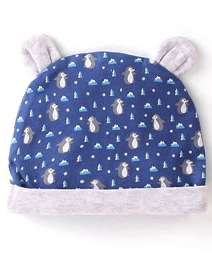 Babyhug 100% Cotton Knit Cap Penguin Print - Navy Blue