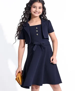 Hola Bonita Knit Dress in Texture Fabric with Short Sleeves  Jacket - Navy