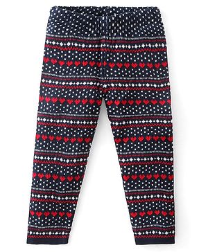 Babyhug Fleece Full Length Pants With Heart Print - Navy Blue
