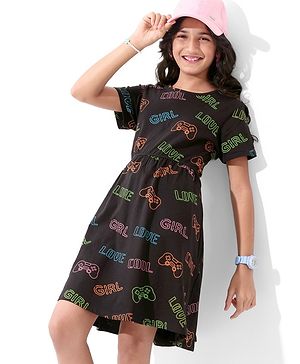Pine Kids Cotton Knitted Text Printed Half Sleeves Frock - Black