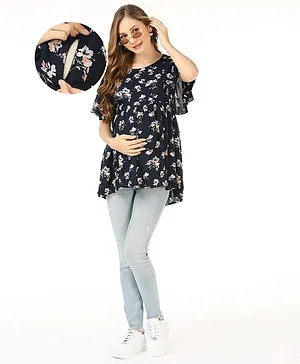 Bella Mama Viscose Ruffle Sleeves Maternity Top With Floral Print - Navy Blue