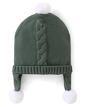 Babyhug Knitted Woolen Cap with Pom Pom Applique - Olive Green