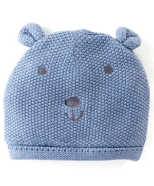 Babyhug Cotton Knit Embroidered Woollen Cap with Ear Applique Blue - Diameter 10.5 cm