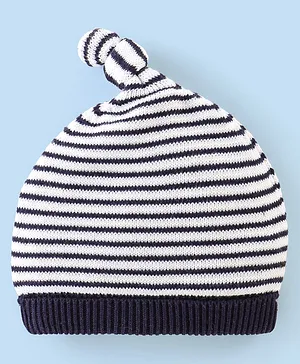 Babyhug 100% Cotton Knit Woollen Cap with Knot Design -Navy Blue & White
