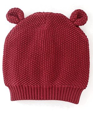 Babyhug 100% Cotton Cable Knit Design Woollen Cap with Ear Applique - Red