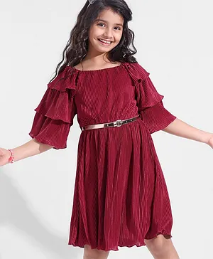 Hola Bonita Knitted Frill Sleeves Dress in Electro Pleated Fabric - Red