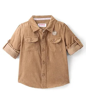 Babyhug Cotton Woven Full Two Pocket Shirt With Badge Solid Colour - Beige