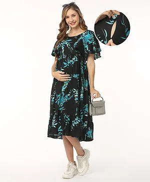 Bella Mama All Over Print Flutter Sleeve Maternity Dress With Pocket - Black