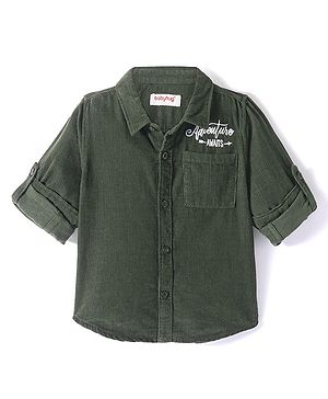 Babyhug Full Sleeves One Pocket Corduroy Shirt Text Embroidery - Olive