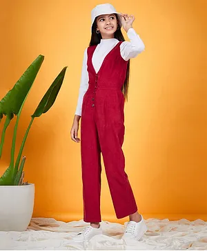 Pspeaches Full Sleeves Solid Top With Solid Corduroy Dungaree - Red