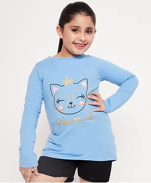 Pspeaches Full Sleeves Cat Printed Shimmer Detailed Tee - Blue