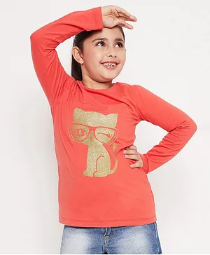Pspeaches Full Sleeves Shimmer Cat Printed Tee - Orange