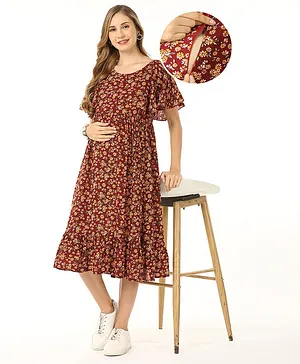 Bella Mama Flutter Sleeves Floral Printed Viscose Maternity Dress - Maroon
