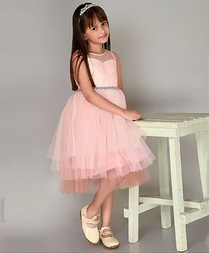 Toy Balloon Sleeveless Beaded Band Embellished Fit & Flare Shimmer Dress - Peach