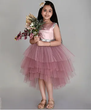 Toy Balloon Cap Sleeves Sequin Band Embellished Fit & Flare Shimmer Layered Dress - Dusty Pink