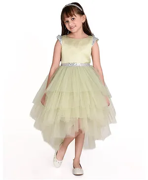 Toy Balloon Cap Sleeves Sequin  Embellished Layered High Low Dress - Green