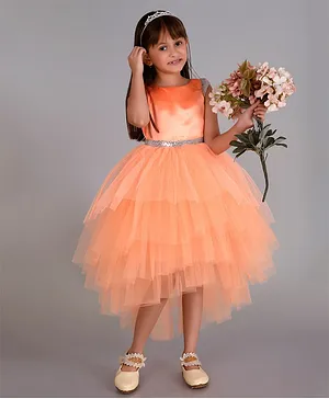 Toy Balloon Cap Sleeves Sequin  Embellished Layered High Low Dress - Orange