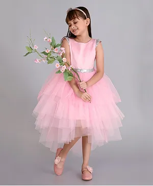 Toy Balloon Cap Sleeves Sequin  Embellished Layered High Low Dress - Pink