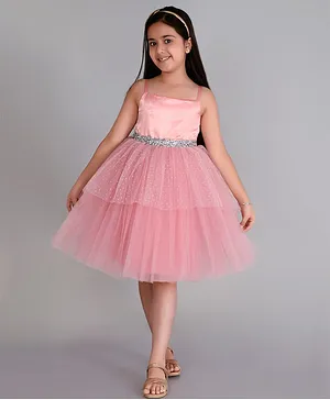 Toy Balloon Sleeveless Beaded Band Embellished Fit & Flare Shimmer Layered Dress - Dusty Rose