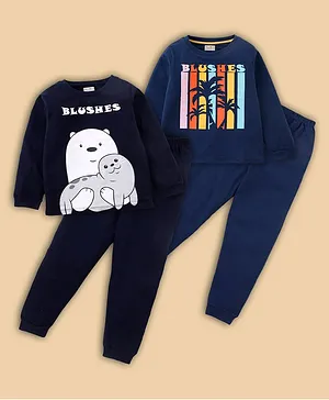 BLUSHES Pack Of 2 Full Sleeves Bear & Palm Tree Printed Tee & Pajama Set - Navy Blue & Black