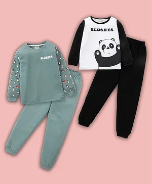 BLUSHES Pack Of 2 Full Sleeves Panda & Animal Printed Tee & Pajama Set - White Black & Olive Green