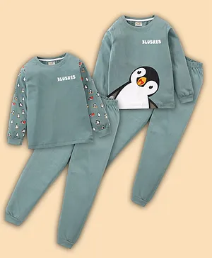 BLUSHES Pack Of 2 Full Sleeves Penguin Printed Tee & Pajama Set - Olive Green