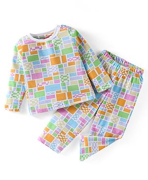Babyhug Cotton Knit Full Sleeves Blocks Printed Night Suit - Muticolour
