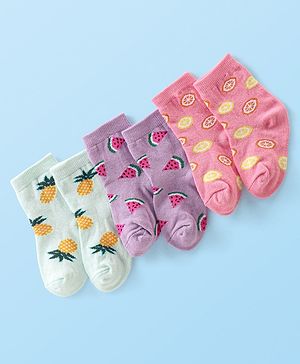Cute Walk by Babyhug Anti-Bacterial Ankle Length Fruits Designed Socks Pack of 3 - Multicolour