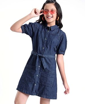 Pine Kids Cotton Woven Half Sleeves Front Full Placket Button Collared Solid Color Denim Dress With Self Fabric Belt- Blue