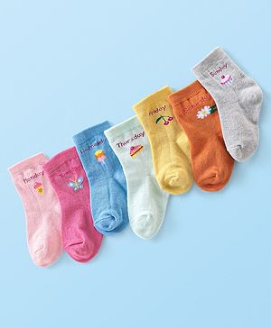 Cute Walk by Babyhug Anti-Bacterial Ankle Length Socks Text & Floral Design Socks Pack of 7 - Multicolour