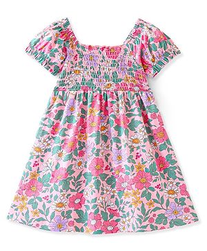 Babyhug 100% Cotton Knit Half Sleeves Frock Floral Print- Peach