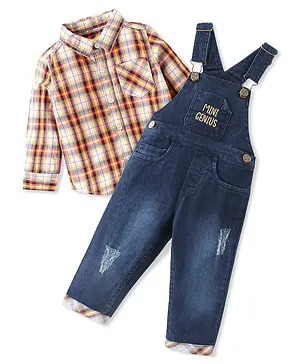Babyhug Text Embroidered Denim Dungaree and Full Sleeves Checkered Shirt Set - Multicolor & Blue