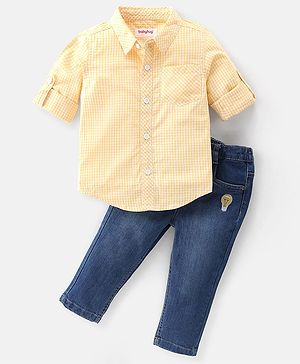 Babyhug Cotton Woven Full Sleeves Checkered Shirt & Jeans Set - Yellow & Blue