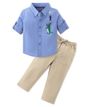 Babyhug Cotton Woven Full Shirt & Trouser Set Dino Printed - Blue & Beige