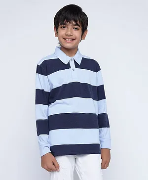 Lil Tomatoes Full Sleeves Striped Designed Polo T Shirt - Blue