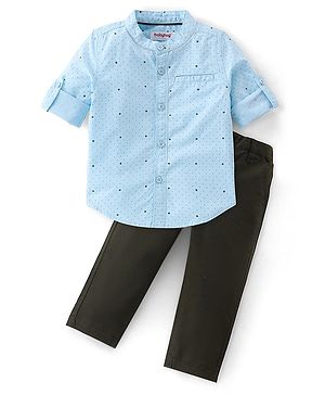 Babyhug 100% Cotton Knit Full Sleeves Shirt & Trouser Pant With Dots Print - Blue