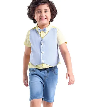 Babyhug Cotton Blend Woven Half Sleeves Striped Shirt with Attached Waistcoat and Denim Shorts Set - Multicolor & Blue
