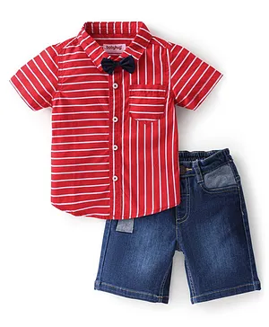 Babyhug Cotton Knit Half Sleeves Shirt & Denim Shorts With Bow Striped - Red & Blue